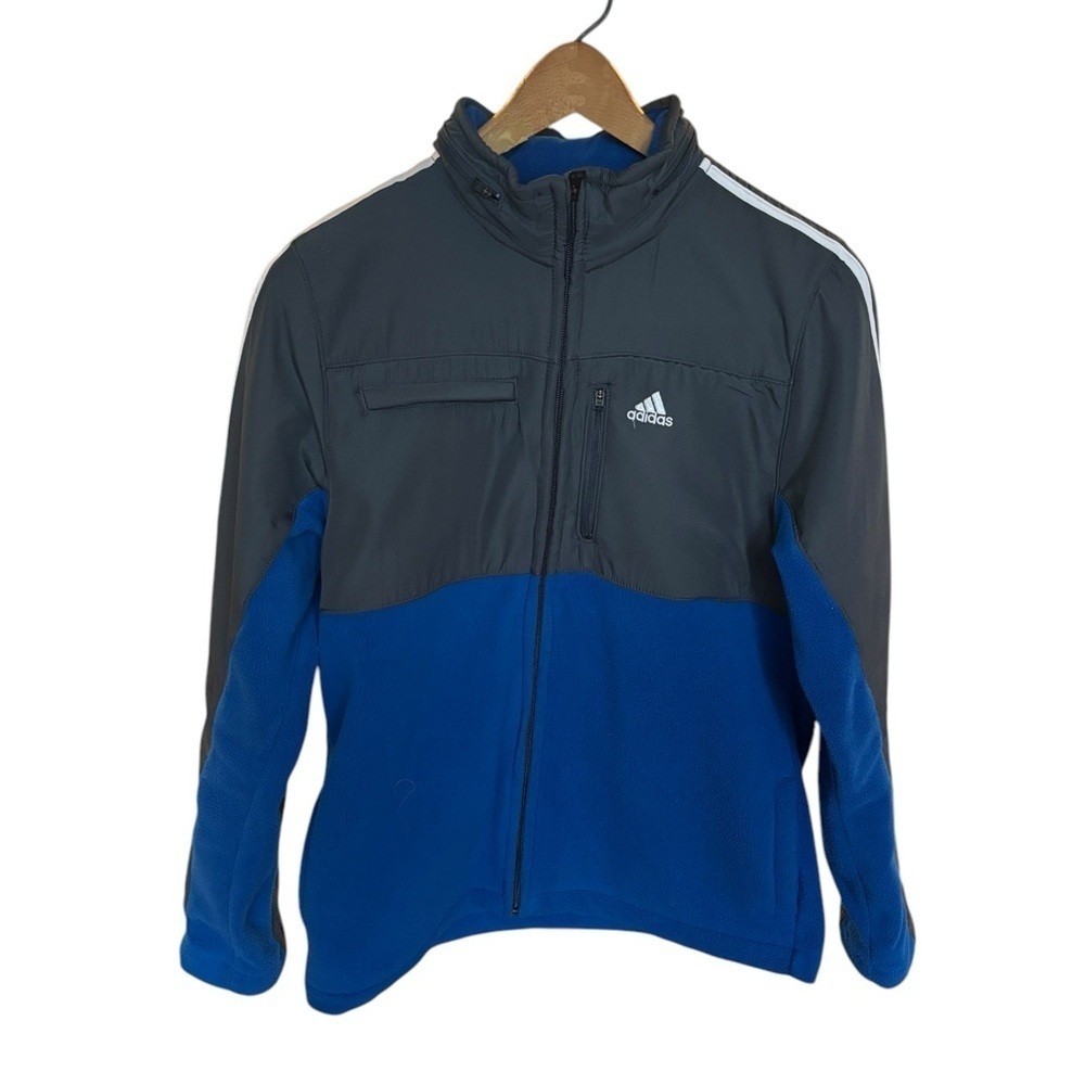 Kid’s Lg (14-16yo) Adidas Gray & Blue zip Fleece Jacket w collar hood. Warm!